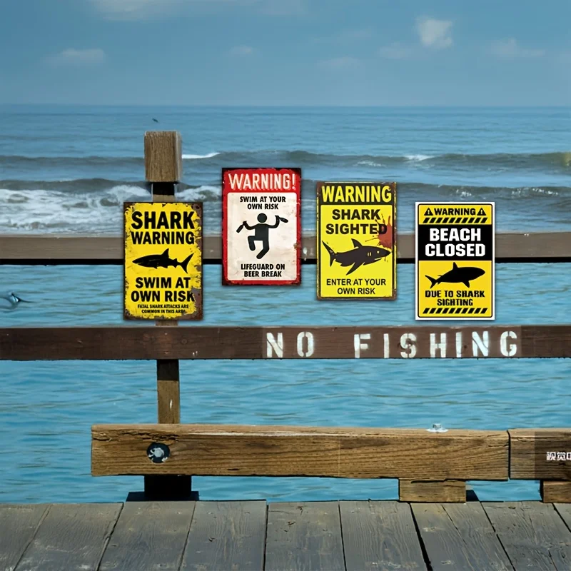 2D Flat - Decorative Sign & Plaque 2D Flat, 4pcs Vintage Humorous Shark Metal Signs,8X12 Inch Rustic Warning Wall Art With Funny