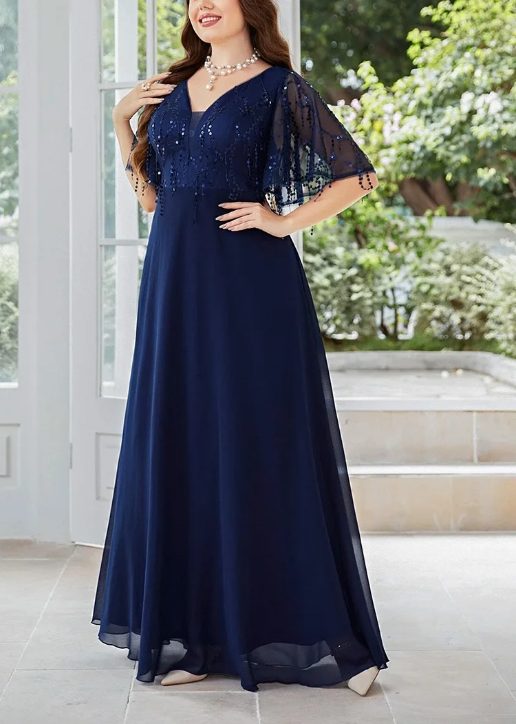 V Neck Royal Blue Sequins Shiny Plus Size Wedding Dress 5XL6XL Plus Size Women\'s Chiffon MAXI Party Banquet Short Sleeve Dresses