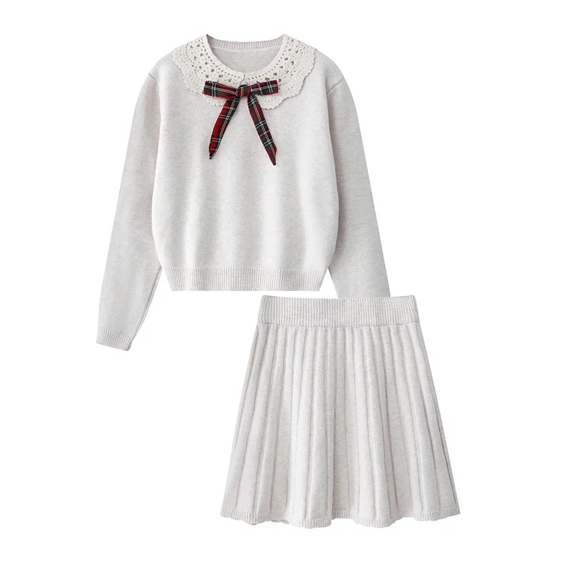 Preppy Style Removable Bow Crochet Doll Collar Knitwear Pullovers Sweater High Waist Knitted Pleated Skirt Two-piece Set Women