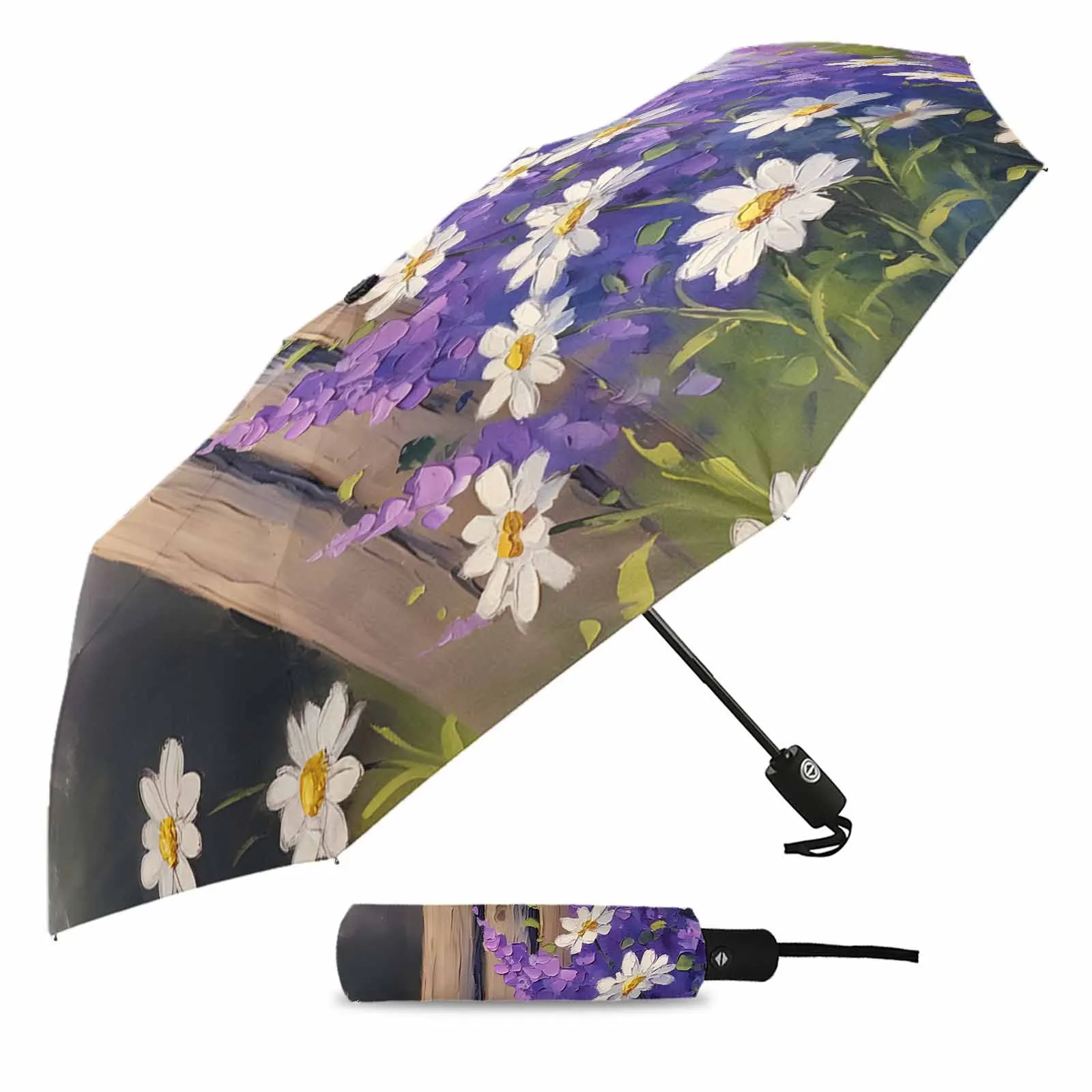 Oil Painting Purple Lavender Daisy Garden Bees Outdoor Fully-automatic Folding Eight Strands Umbrellas for Kids Printed Umbrella