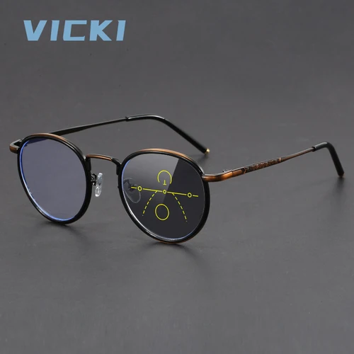 VICKI Gafas redondas retro para hombres y mujeres, luz fotocromática anti-azul, gafas multifocales graduadas personalizables 1043