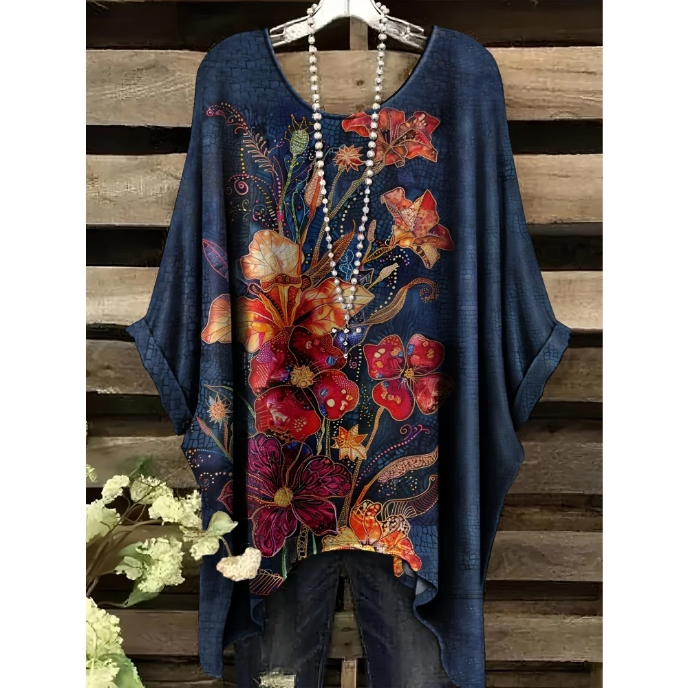 

Bohemian Elegant Butterfly Floral Print Plus Size Women's T-Shirt Short Sleevecasual O- Neck Summer Asymmetric Hemp&o- Neck Tops