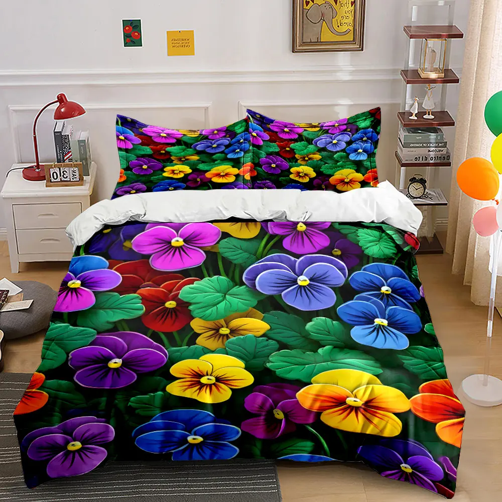 Colorful pansy blossoms Bedding Set for Kids Luxury Gift 3pcs Digital Print Comforter Set Soft Comfortable Breathable