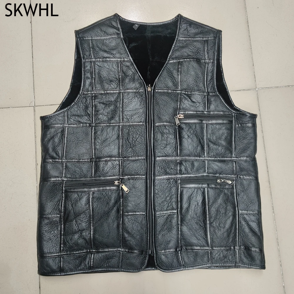 

2024 Sheepskin Genuine Leather Vest Men Black Waistcoat Male Sleeveless Jacket Thick Motorcycle Vest Multi Pocket Zipper