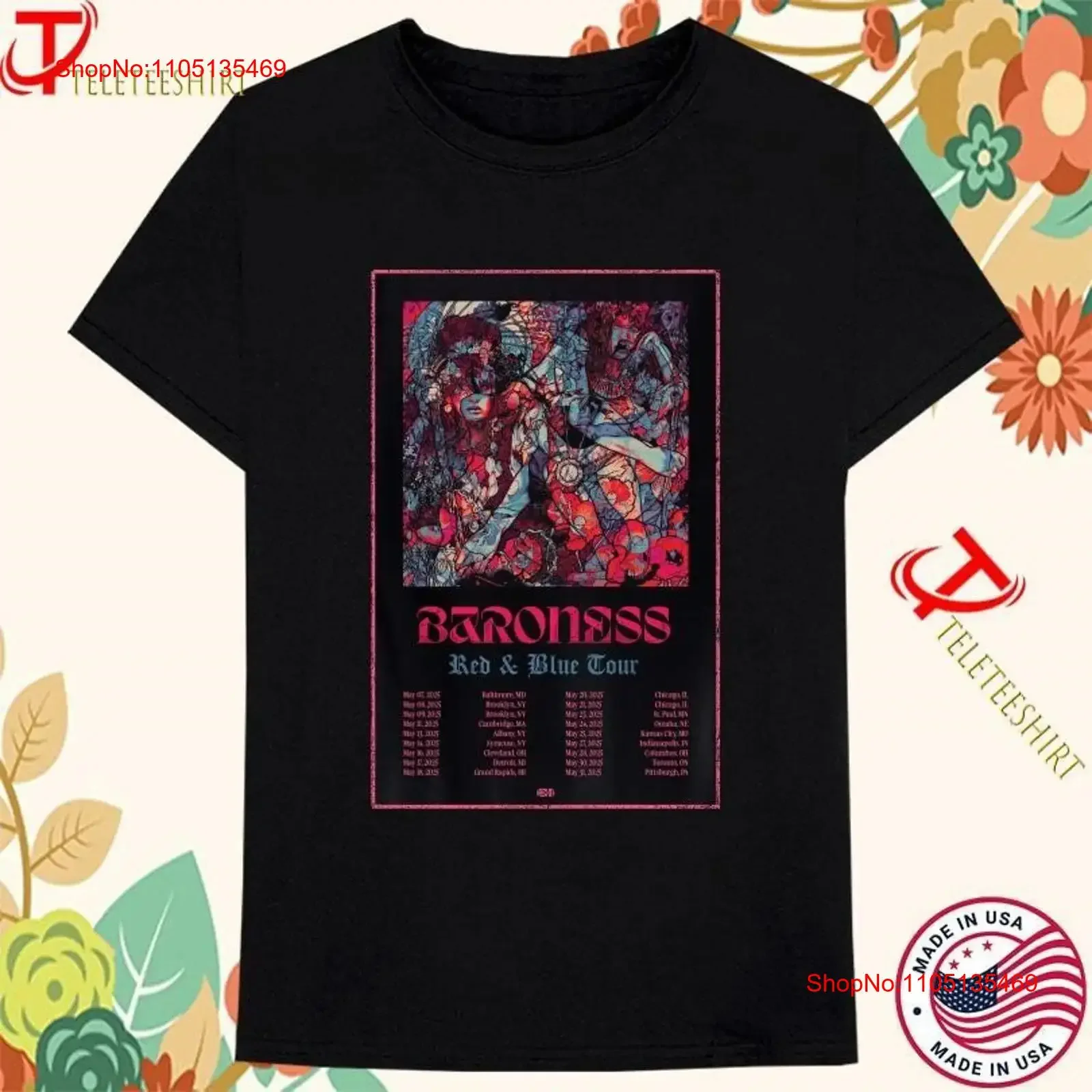 Baroness Red Blue North American Tour 2025 T shirts vintage Washed graphic Versatile Casual streetwear Unisex Stretched