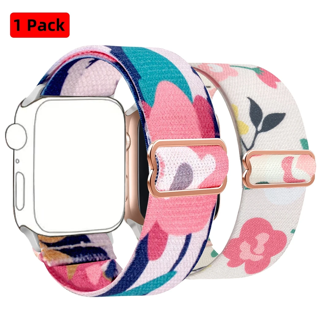 2Pack Vibrant Floral Print Stretchy Band for Apple Watch，Breathable Nylon Strap with Stainless Steel Slide Buckle，Series 9/8/7/6