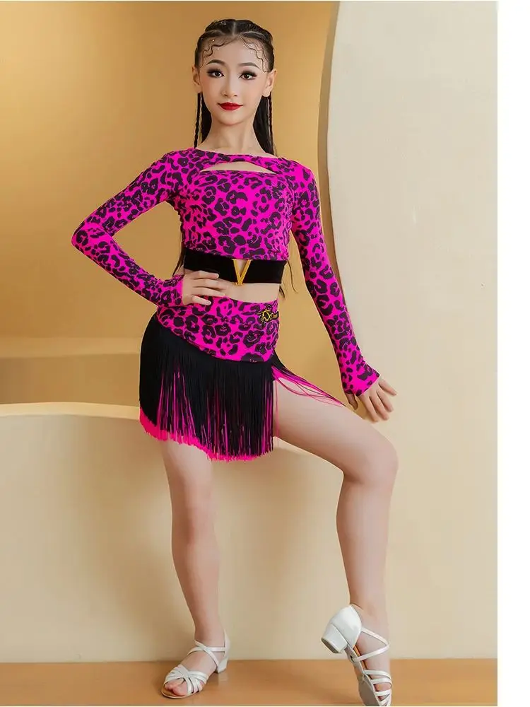 Neonowa różowa lampart sukienka do tańca latynoskiego dziewczyny Cha Cha Rumba Samba występ taneczny kostium ubrania konkursowe sukienka z frędzlami BL13636 — zdjęcie 2
