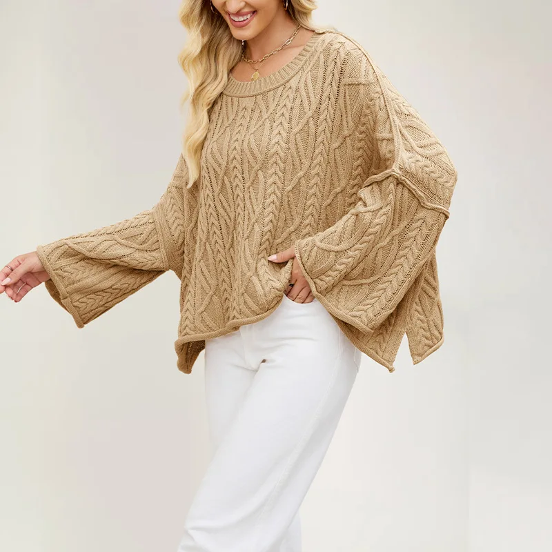 

New Womens Oversized Cable Knit Bell Sleeve Sweater Crew Neck Side Slit Casual Pullover for Fall Winter