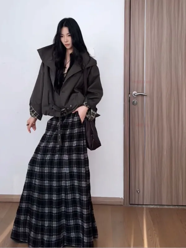 

Ретро-юбка А-силуэта в корейском стиле, черно-белая в клетку, с высокой талией, свободная, повседневная, женская, осенне-зимняя, новая, модная, для девушек