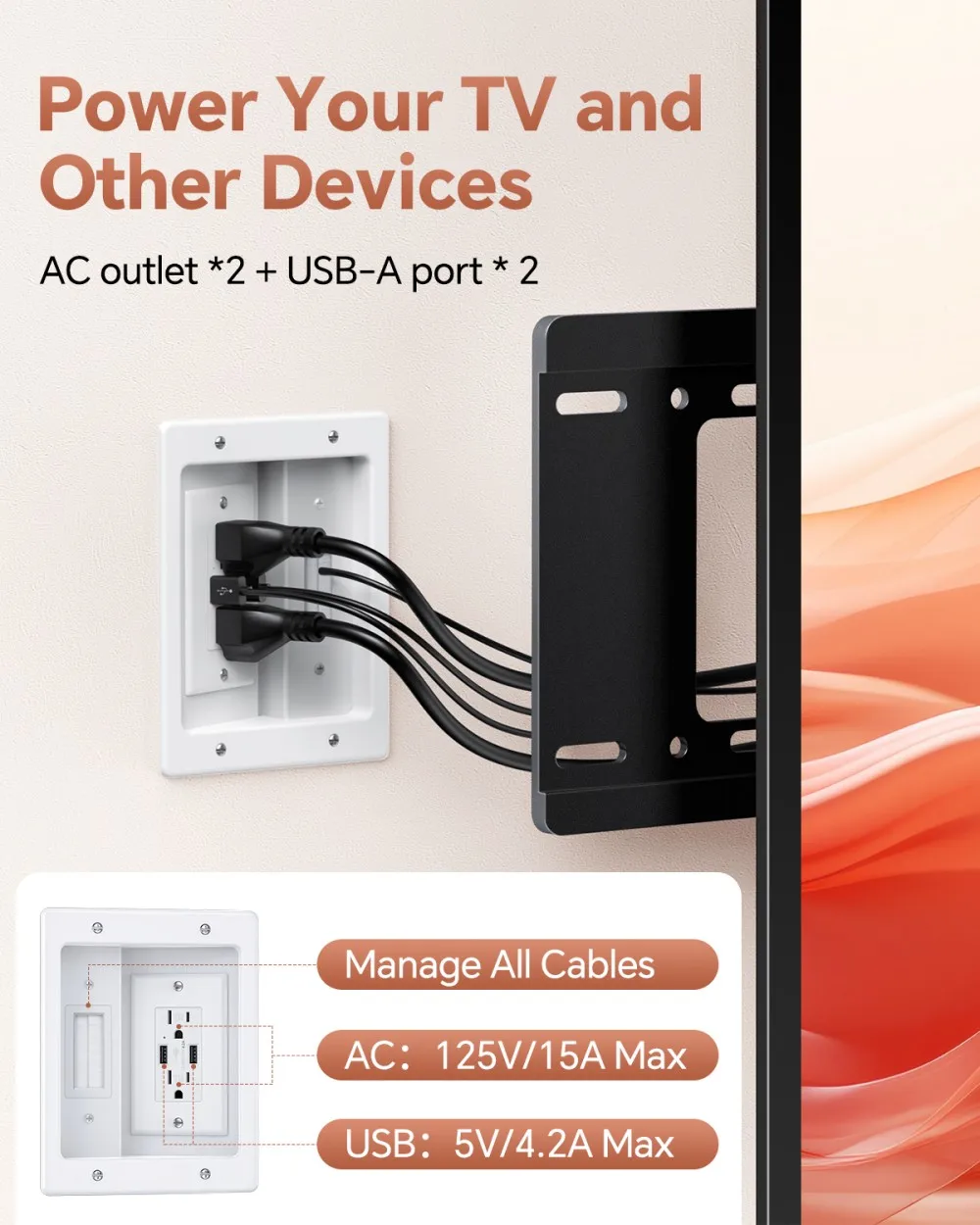 Awapow Recessed Outlet Box in Wall Cable Management Kit 4.2A Dual USB Socket Brush Panel Hide TV Power Cable & Low Voltage Wires