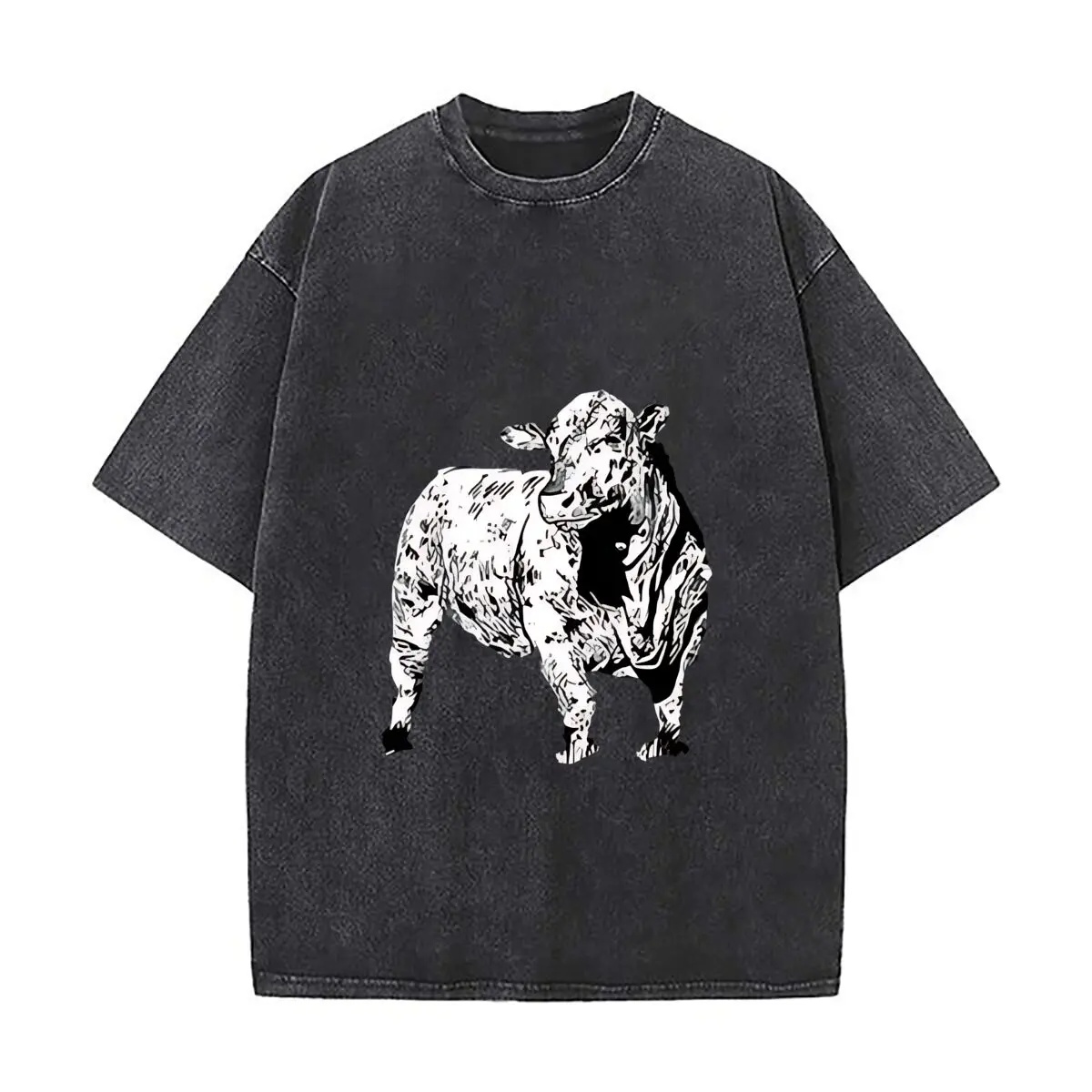 Black White Cow Art Print Canvas Home Decor Distressed Faded Baggy Streetwear Tops for Park Hangouts