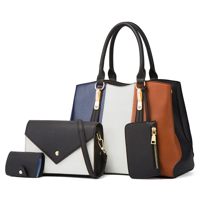 4PCS Women Handbag Set Fashion Color Block Tote Purse Shoulder Bag Crossbody Satchel