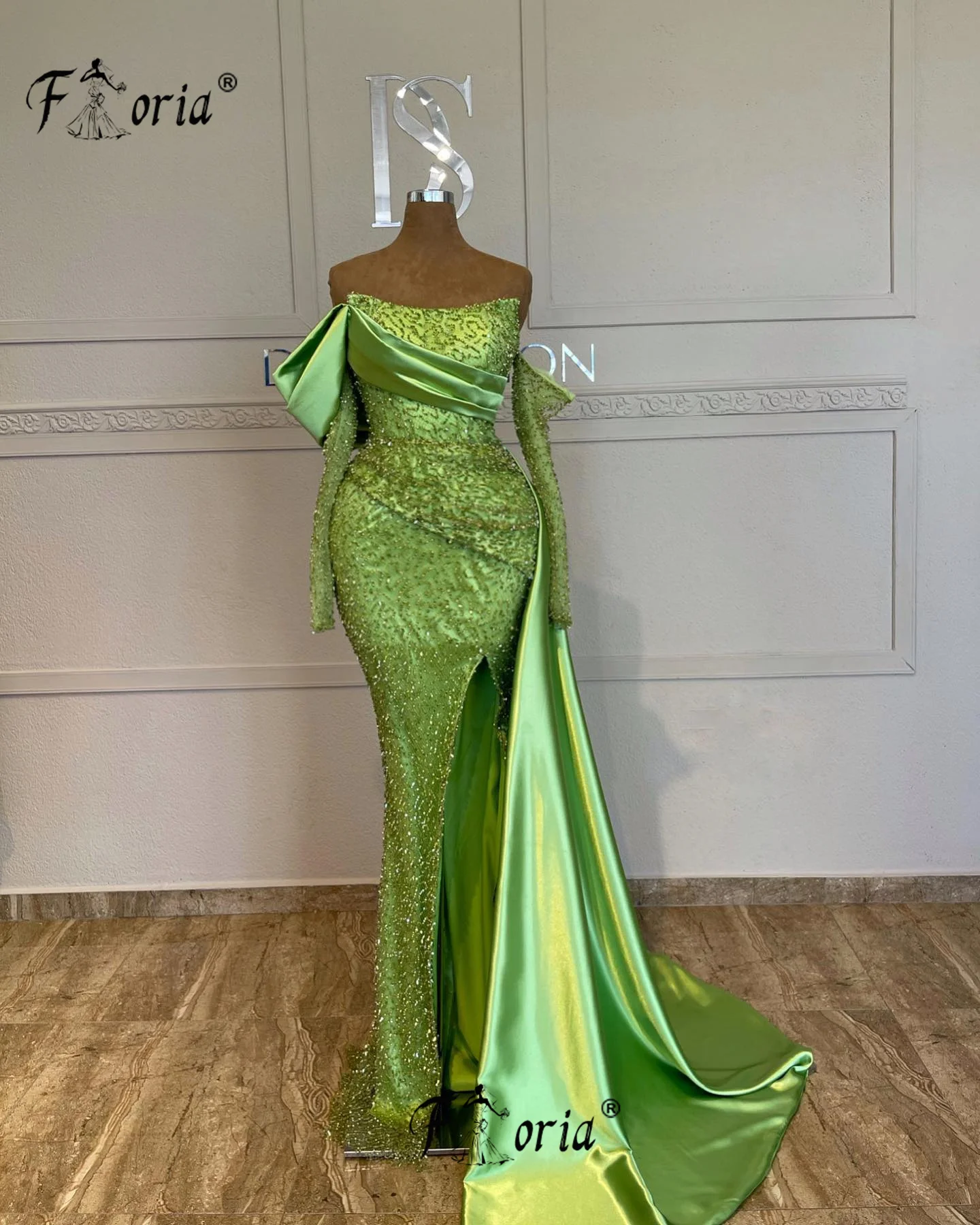 

Elegant Bright Green Dubai Party Dress Beaded Long Sleeves Formal Evening Gown Arabic Customized robes longues soirées élégante