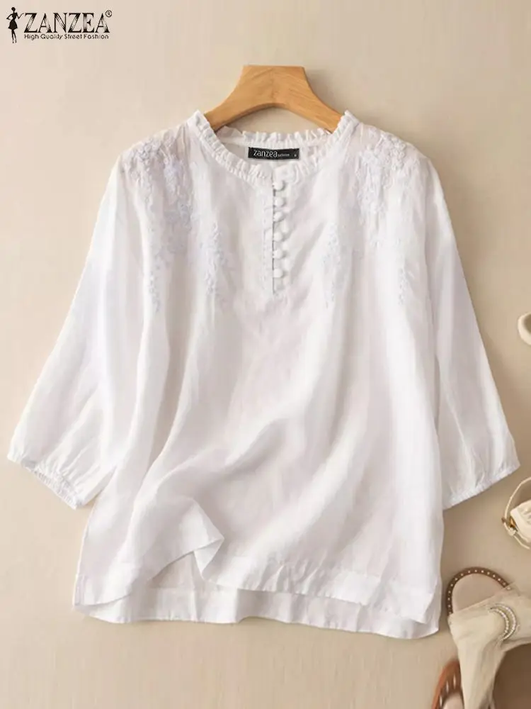 Elegante Zomer Dames Tops Zanzea Vintage Shirts Elegant Ol Werk Blouse O Hals 3/4 Mouw Borduurwerk Blusas Femme Causal Chemise