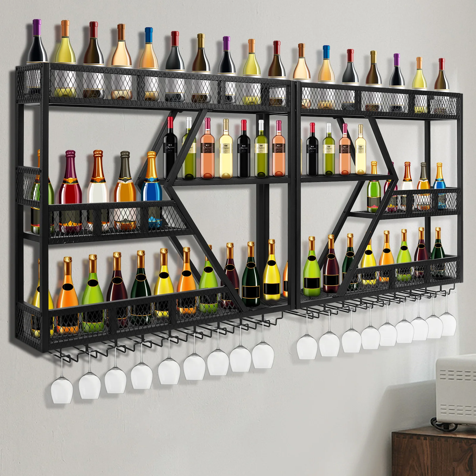 Wall Mounted Wine Bottle Display Holder with Anti-Drop Crossbar Liquor Bottle Display Shelf for Kitchen Home