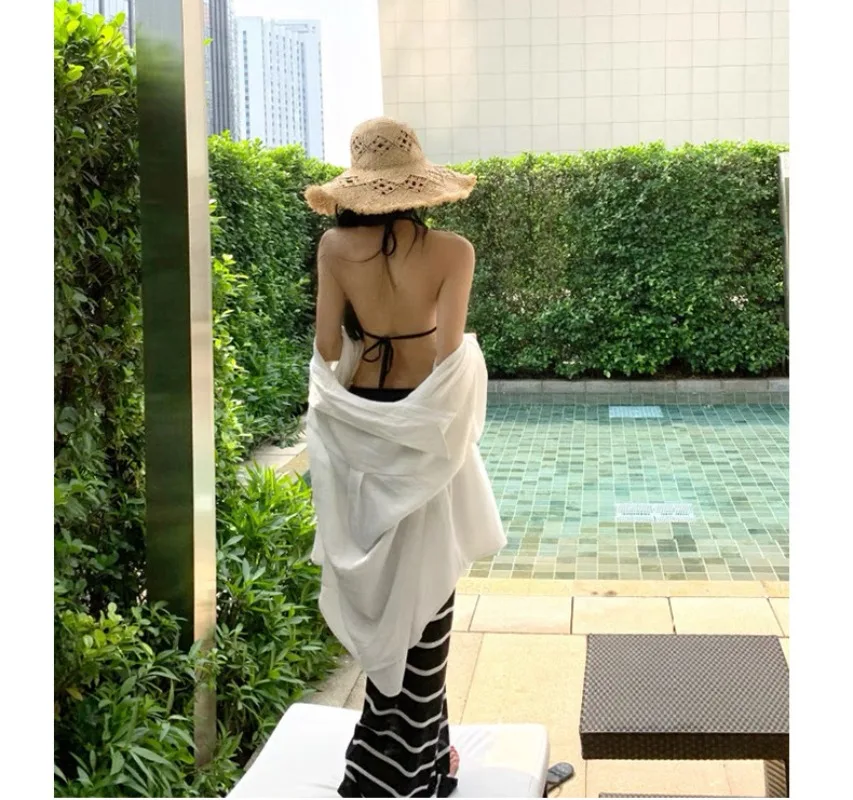 New Summer Korean Style Women's Swimsuit - Sexy Hottie Striped Bodycon Maxi Skirted, Slimming Beach Vacation Hot Spring Swimwear
