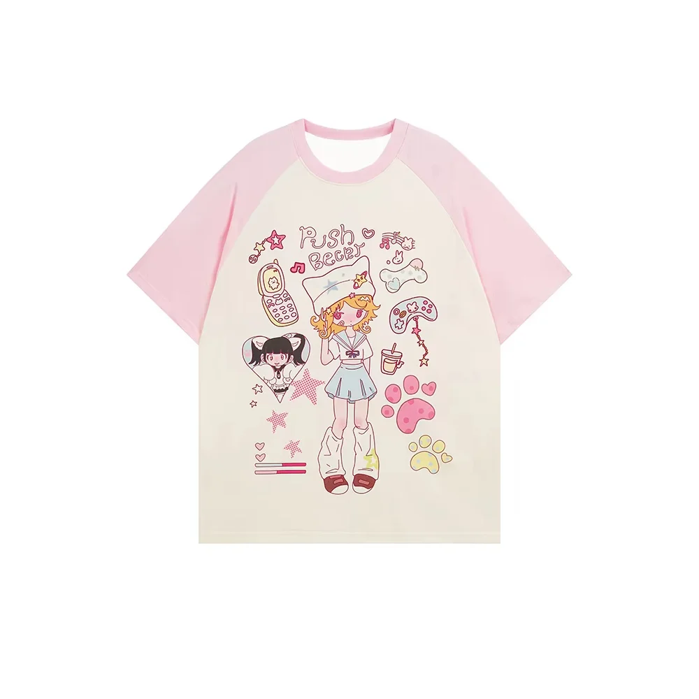 Camiseta de manga corta con dibujos de leche dulce para verano, hombres y mujeres, Miniso, moda informal, Color japonés bloqueado, Top cómodo para niños