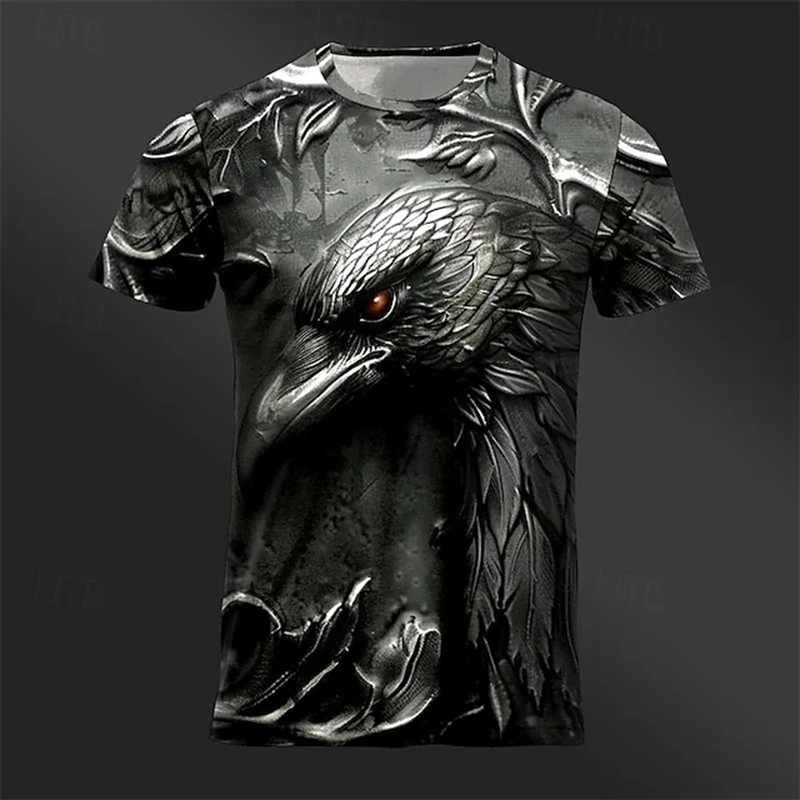 Men's Summer Retro Printed Short Sleeve Mystery Crow Printed Round Neck T-Shirt Men's Outdoor Street Photography Temperament Top