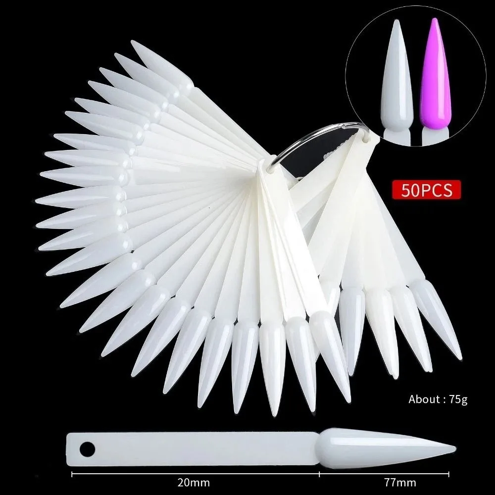 

50pcs Clear Nail Sample Sticks Fan-Shaped Nail Swatch Nail Practice Display Tips False Nail Tips with Rings Nail Display Sticks