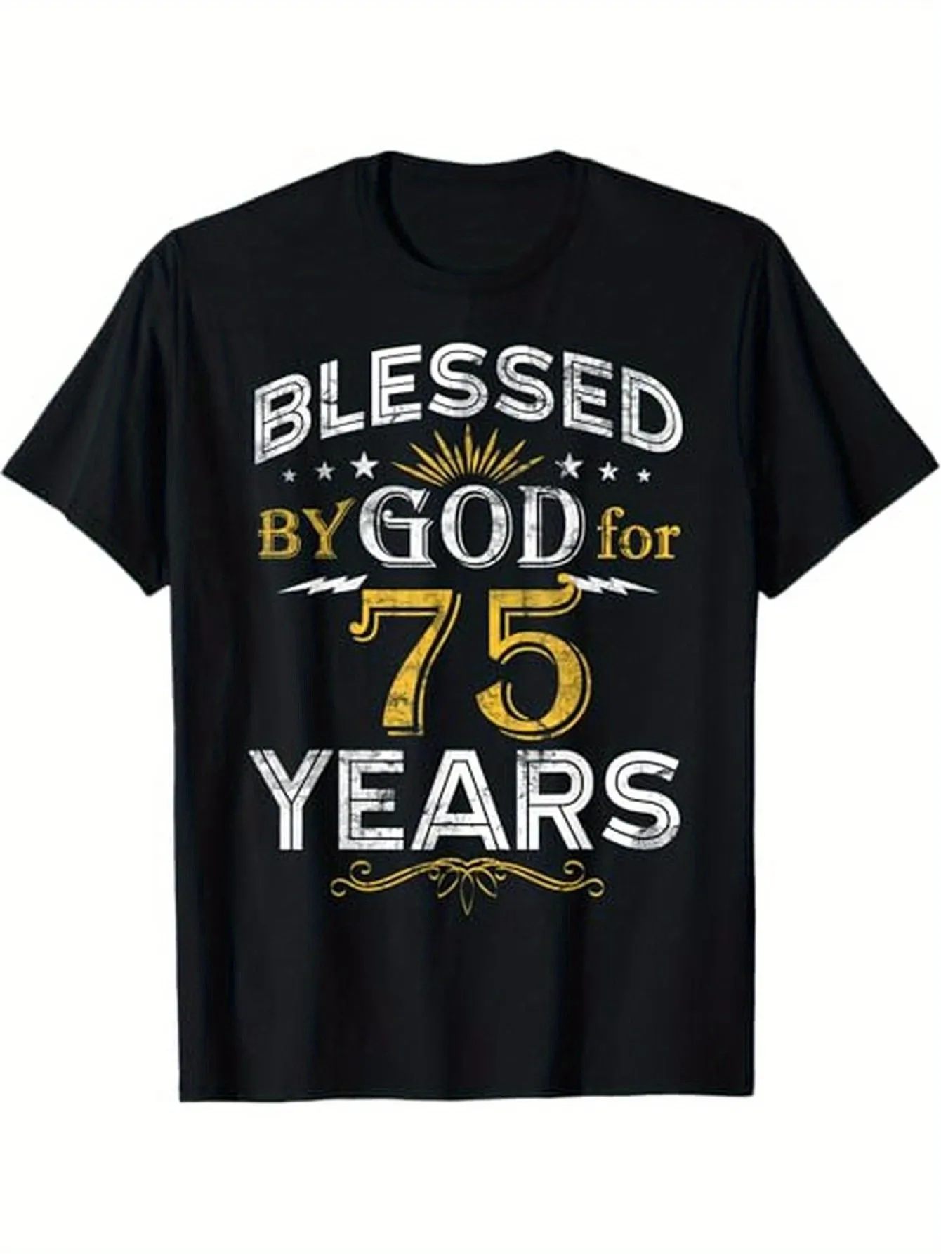 

Blessed By God 75 Years T-Shirt - Vintage Star Design, Unisex Short Sleeve, 75th Birthday Milestone Gift