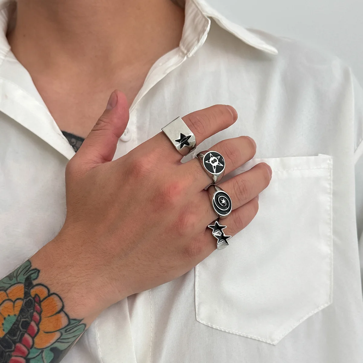 European and American Five-pointed Star Ring Men's Trendy Hip-hop Niche Personalized Ring Set Cross-border Hand Accessories