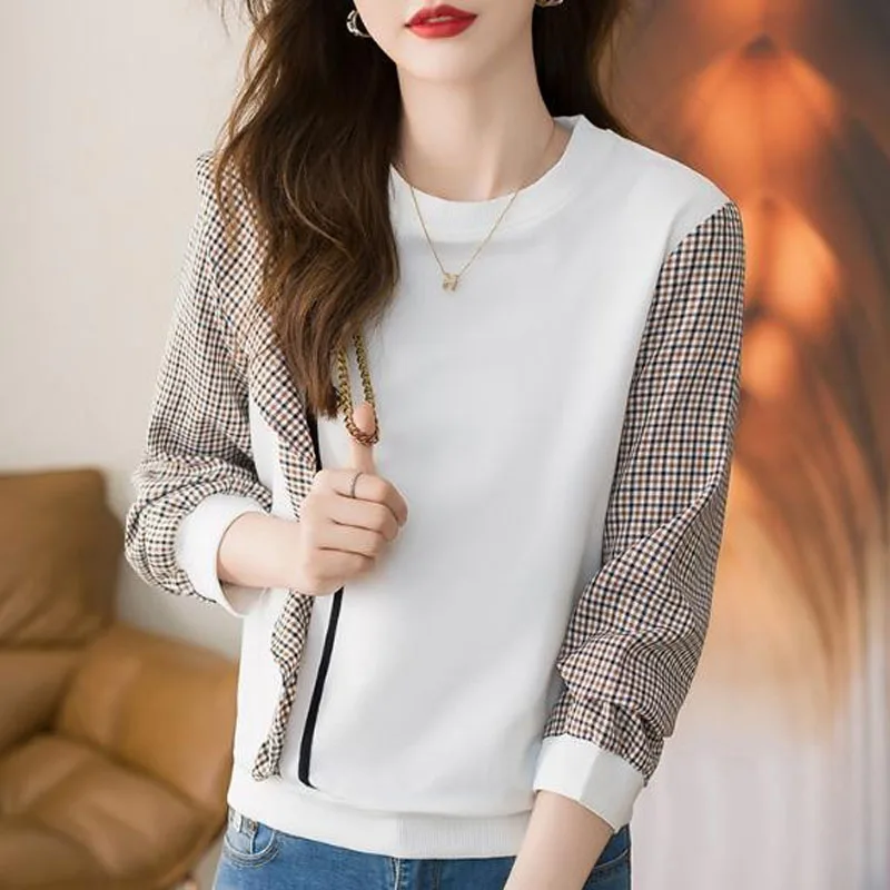 Lazy Commuting Design with Patchwork Plaid Fashionable Temperament Loose Versatile Slim Women\'s Long Sleeved Sweater