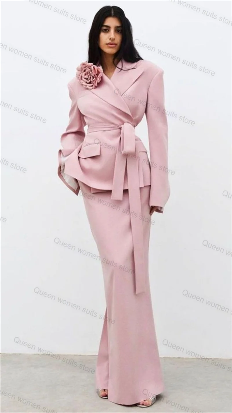 

Pink 2 Piece Women Suits Skirts Set Blazer+Trouser 3D Flower Formal Office Tailored Wedding Tuxedo Coat Prom Jacket With Belt