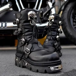 Fashion Genuine Leather Motorcycle Boots Design New Women Silver Skull Devil Goth Men Punk Metallic Western Combat Boots Plus48