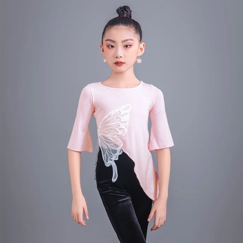 

Girls Pink Butterfly Latin Dance Tops Half Sleeve Tango Ballroom Dancing Costume Rumba Smaba ChaCha Practice Dancewear YS5216