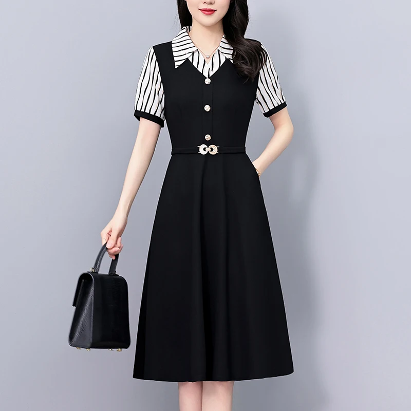 

Summer Women's Dress Striped A-Line Skirt Midi Dress Cotton Polyester Blend Short Sleeve Collar Party Wear for Mom