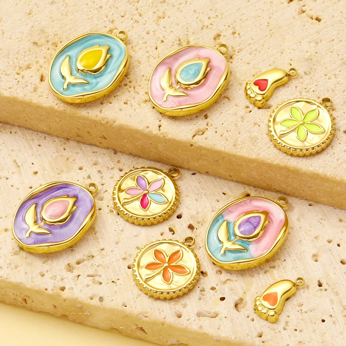 3pcs/Lot Stainless Steel Enamel Monet Gardens Diy Charms Woman Tulips Flower Necklace Pendants Baby Foot Jewelry Wholesale
