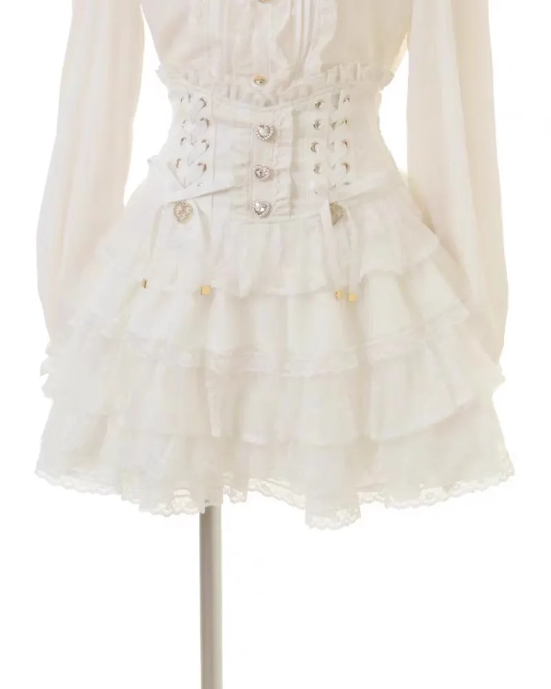 NONSAR Japanese High Waist Drawstring Slim Cute Sweet Lolita Skirt Women Multi-Layer Lace Bow Cake Skirts Summer Pleated Skirt