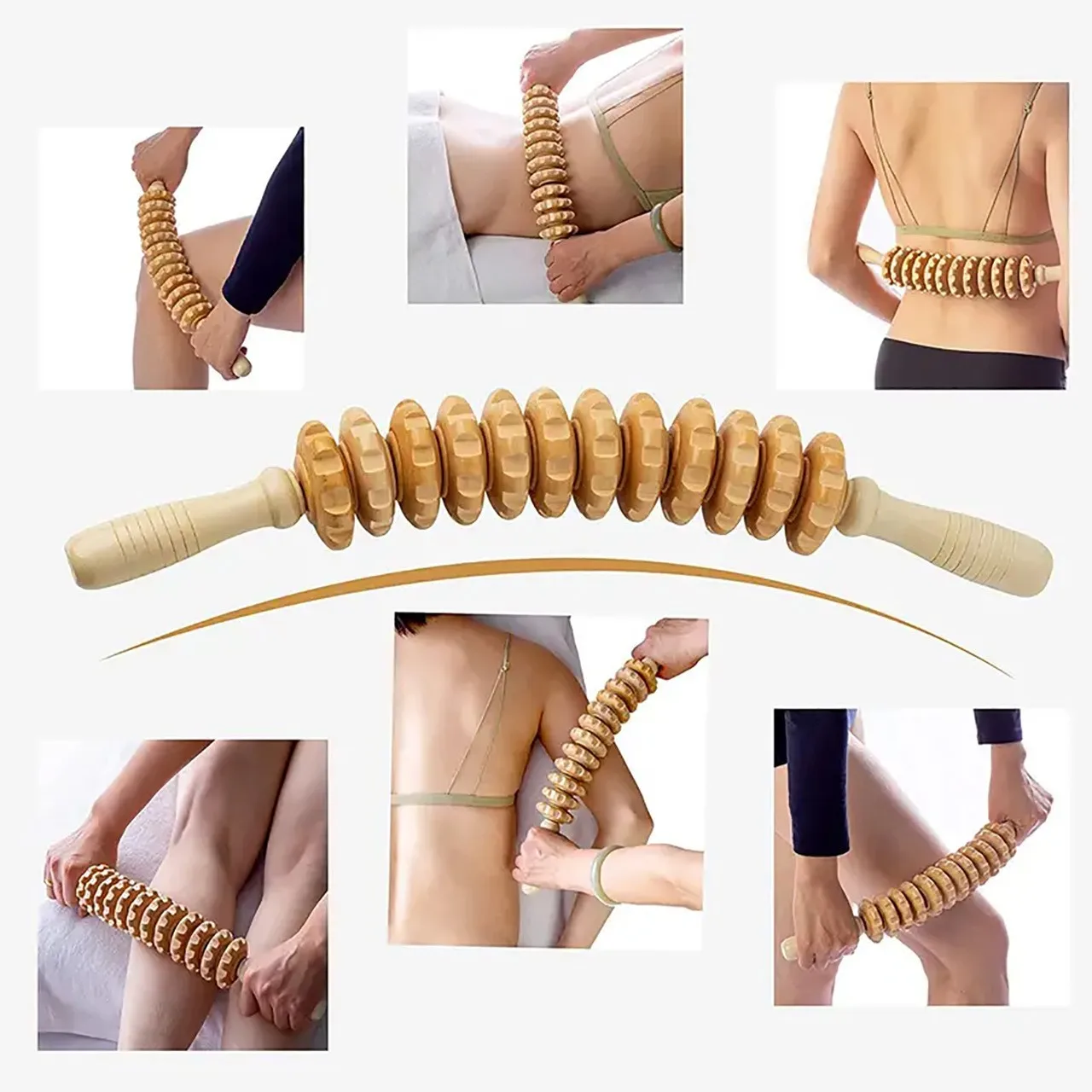Wooden Gear Fascia Massage Roller with Non-Slip Handle, Full Body Massager for Back, Legs, Thighs, Buttocks & Muscle Relaxation