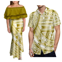 Women'S Off-The-Shoulder Dress Elegant Mermaid Dress With Men'S Aloha Shirt Polynesian Island Design Couple Suit