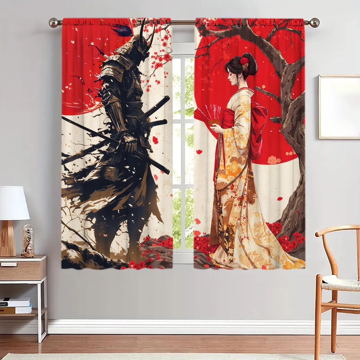 2pcs Japanese Samurai and Geisha Print Curtains Red Cherry Blossom Polyester Window Drapes for Living Room Bedroom Asian Style