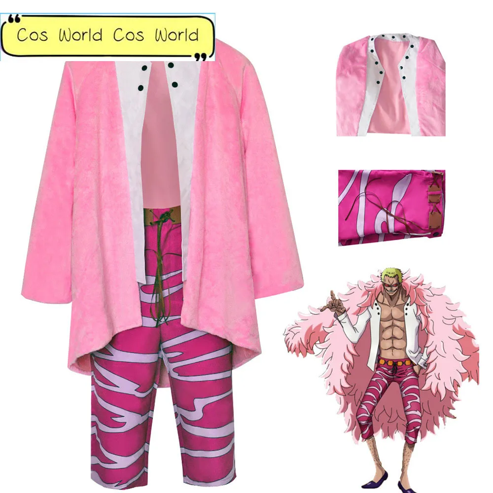 

2024 Donquixote Doflamingo Cosplay Fantasia Anime Costume Adult Men Pink Coat Pants Outfits Halloween Party Clothing