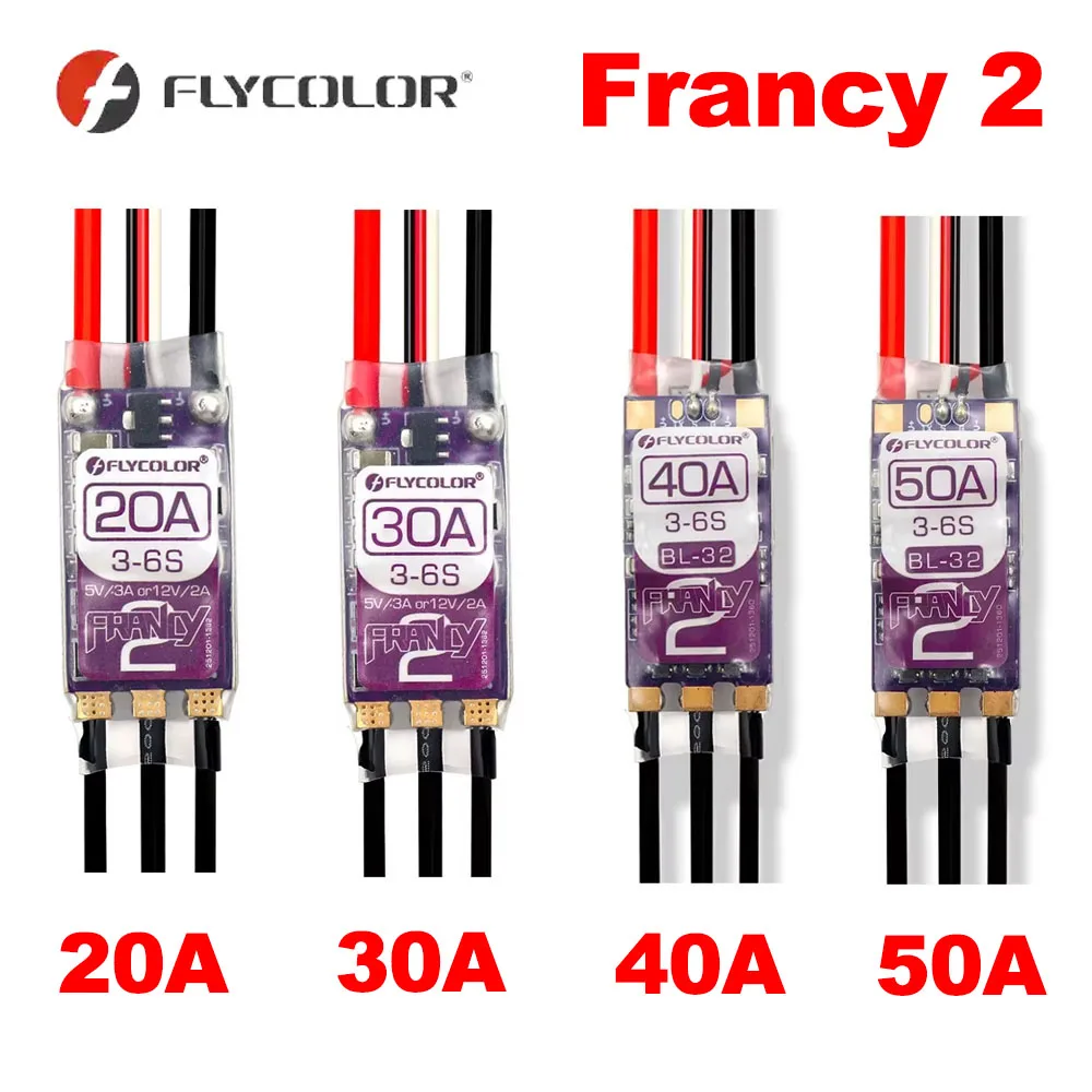 

FLYCOLOR Francy 2 Brushless ESC BLHELI-32 BL32 Dshot High Performance MCU 5V/3A 12V/2A Double BEC Adjustable For RC Airplane