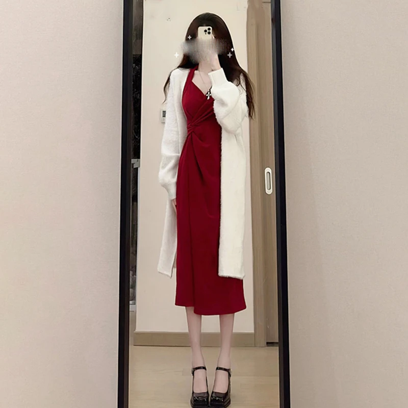 

Mature Women Dress Suit White Sweater Cardigan And V-Neck Split Pleated Slip Dress 2023 Spring Autumn Temperament Twinset