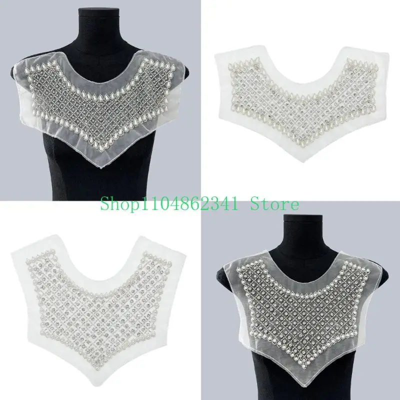 5ASD أنيقة أورجانزا من طوق الدانتيل خط العنق مع أحجار الراين لؤلؤة الخرز خياطة على بقع لثوب الزفاف فستان DIY