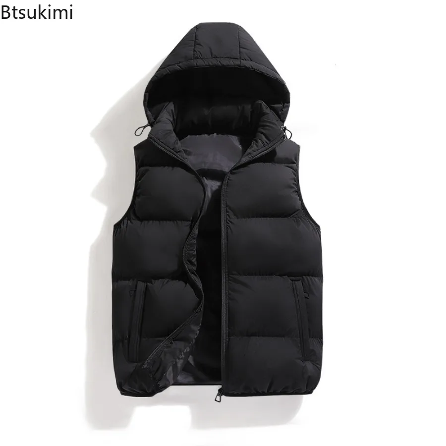 

New 2024 Men's Cotton-padded Vests Autumn Winter Hooded Warm Vest Coats Fashion Casual Thickened Solid Thermal Waistcoat for Men