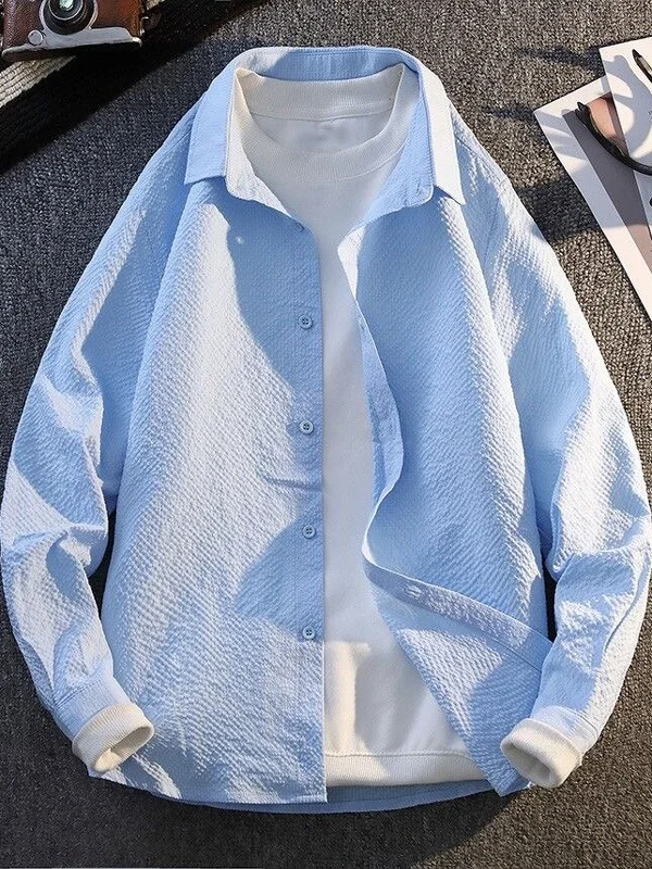Men's Plaid Ice Silk Long Sleeve Shirt Breathable Bubble Cloth Summer High-End Feeling Cool Handsome Outerwear Spring Autumn