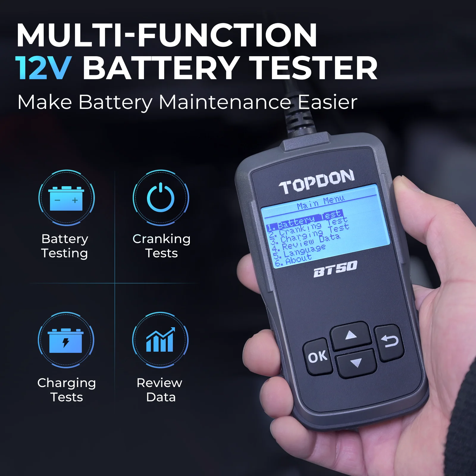 TOPDON BT50 Car Battery Tester 12V 100 to 2000CCA Cranking Charging Circut Tester Battery Analyzer Battery Tools