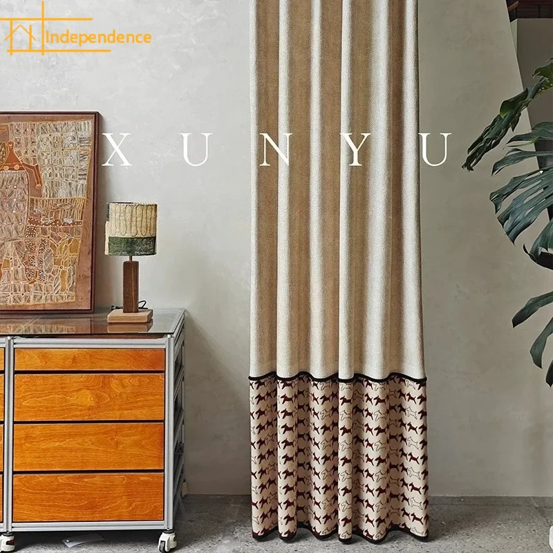 Customized Pony Embroidery Beige Stitching Chenille Curtains for Living Room Bedroom French Window Villa Customized Finished