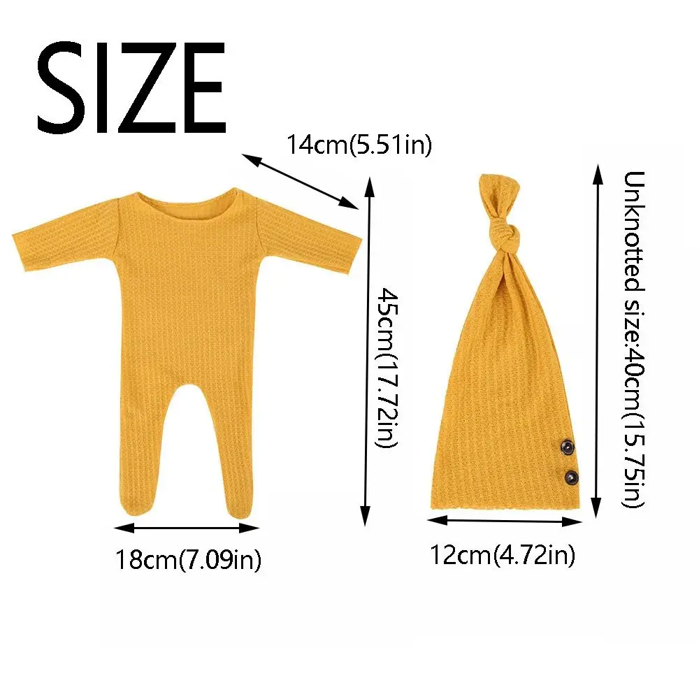 2Pcs/Set Creative Newborn Photography Props Footed Buttons Newborn Prop Set Long Tailed Hat Solid Color Baby Bodysuit