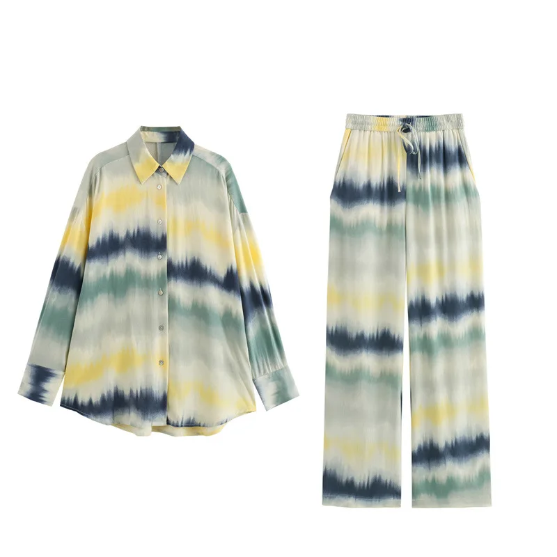 

2 Piece Sleepwear Set, Women's Shirt Top, Wide Leg Pants Set Autumn New Item Tie Dye Printed Loose Casual African Sportswear Set