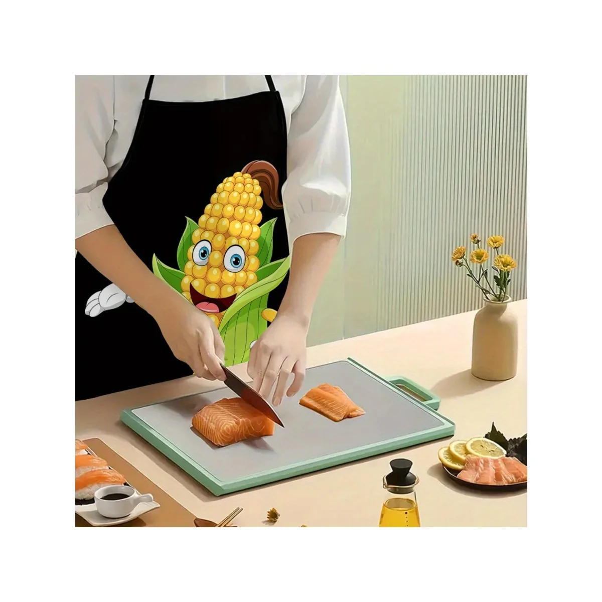 Funny Corn Cob Character Apron, Cute Vegetable Mascot Cooking Bib, Black Kitchen Textile, Humor Gift for Chef Mom
