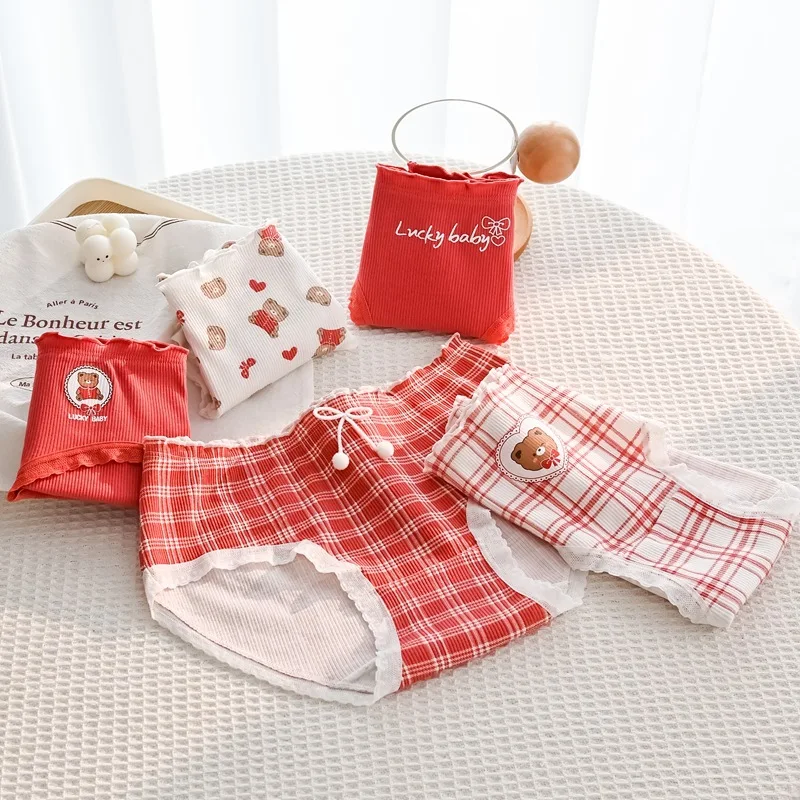 Culottes japonaises rouges mignonnes pour femmes, en dentelle, avec nœud ours, sans couture, en coton fin, respectueuses de la peau, respirantes, pour adolescentes, anniversaire