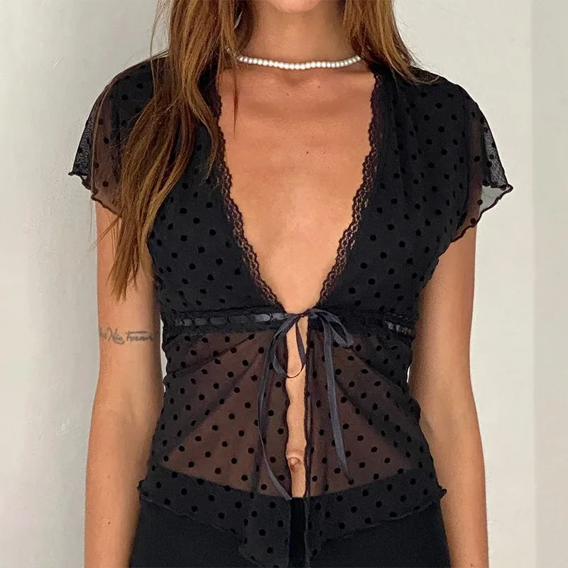 

Новый летний маленький кардиган в горошек, пикантная сексуальная свободная рубашка с короткими рукавами для девочек