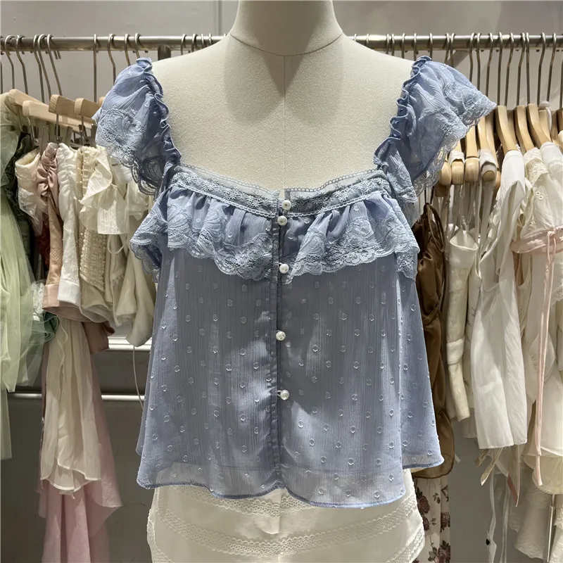 

Summer New Women's Loose Fit Chiffon Top with Fly Sleeve Square Collar Single Button French Style Fashion Breathable Skin-fri...