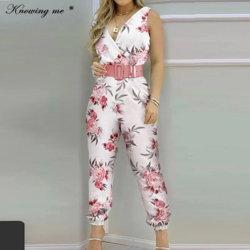 

Women Floral Print Jumpsuit Office Lady New Summer Sexy V neck sleeveless Bodysuit Elegant Fashion Belt outfit one piece set